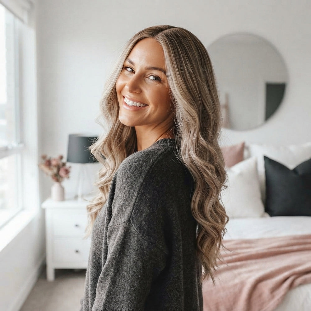 A woman with voluminous curly hair smiling in a modern bedroom, showcasing the seamless blend of a fish line hair extension.